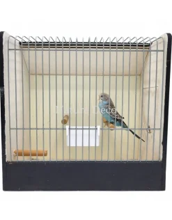 Opgezette blauwe grasparkiet in vogelkooi (Melopsittacus undulatus)